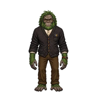 Arthur, a green-furred ape in a brown cardigan (pixel art style)