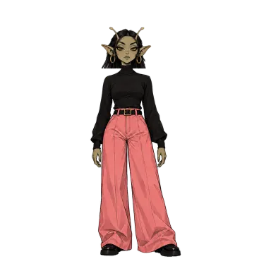 Avery, a horned elf girl in a black turtleneck and pink trousers (illustration style)
