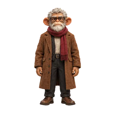 Casey, an old monkey with glasses, a red scarf and a long coat (illustration style)