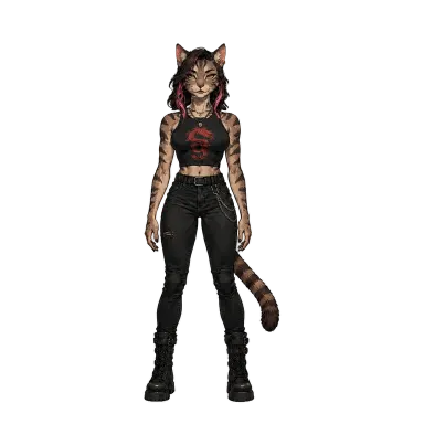 Chloe, a tabby cat girl in a black crop top (comic ink style) in the character library