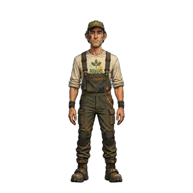 Clay, a farmer in a cap and overalls (CGI style)