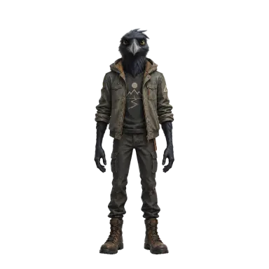 Cole, a crow in an olive jacket (graphic CGI style)
