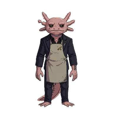 Drew, a pink axolotl in an apron (pixel art style) in the character library