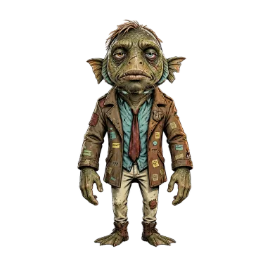 Eddie, a fish man in a patched coat and tie (CGI style)