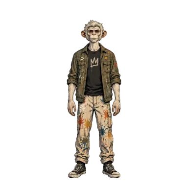 Elliot, a young man in an olive jacket and paint-splattered jeans (comic ink style)