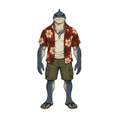 Finn, a shark in a Hawaiian shirt (comic ink style)