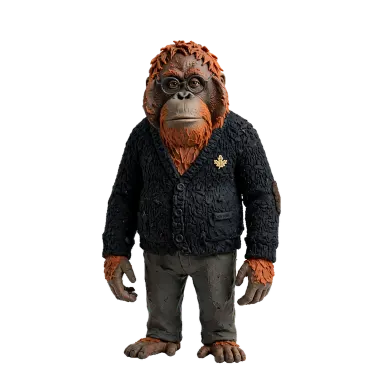 Frank, an orangutan in a dark knit cardigan (claymation style)