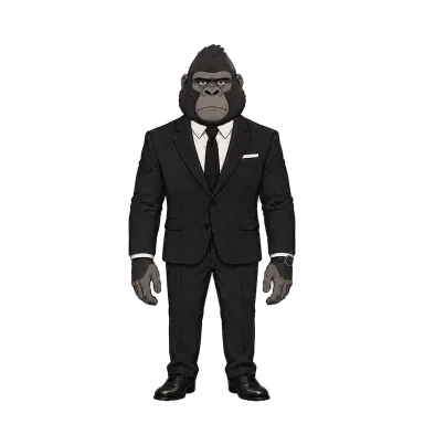 Grant, a gorilla in a black suit and tie (deadpan style)