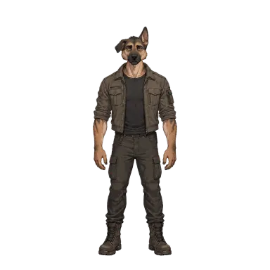 Jack, a German shepherd in an olive shirt (illustration style)