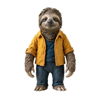 Lou, a sloth in a yellow jacket (claymation style)
