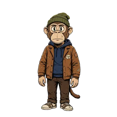 Milo, a monkey in a green beanie and brown jacket (retro style)