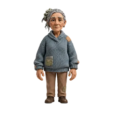 Nora, a grandmother in a blue knit sweater (claymation style) in the character library