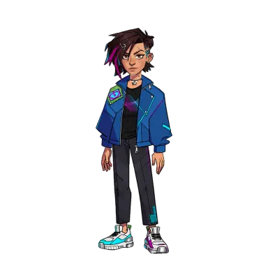 Paige, a girl with purple hair in a blue jacket (Y2K style)