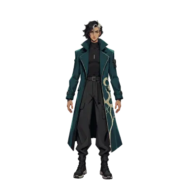 Quinn, a man with two-tone hair in a long teal coat (3D toon style)