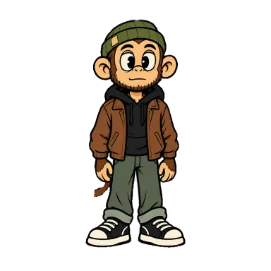 Riley, a cartoon monkey in a beanie and brown jacket (illustration style)