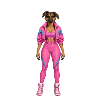 Sadie, a dog in a pink tracksuit (illustration style)