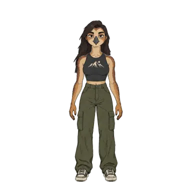 Stella, a woman with long dark hair in cargo pants (deadpan style)
