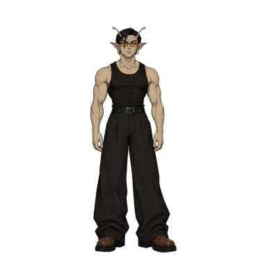 Taylor, an elf man in sunglasses and a black tank top (illustration style)