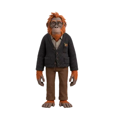Walter, an orangutan in a dark coat (claymation style) in the character library