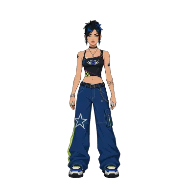 Zoe, a girl in a crop top and baggy star jeans (Y2K style) in the character library