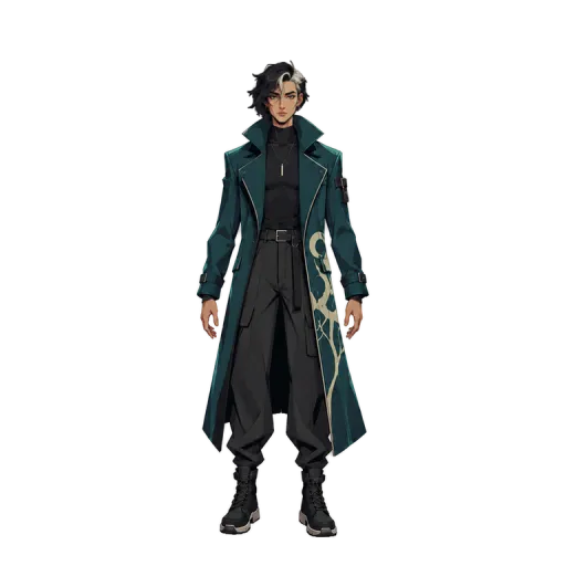 Quinn, a man with two-tone hair in a long teal coat, ready-made animated character