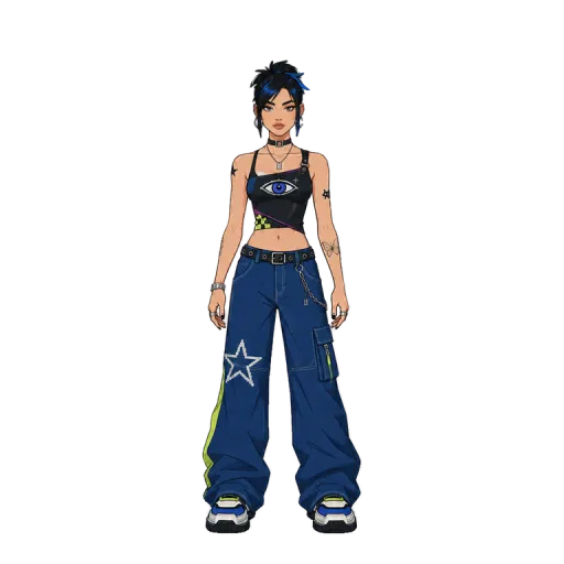 Zoe, a girl in a crop top and baggy star jeans, ready-made animated character