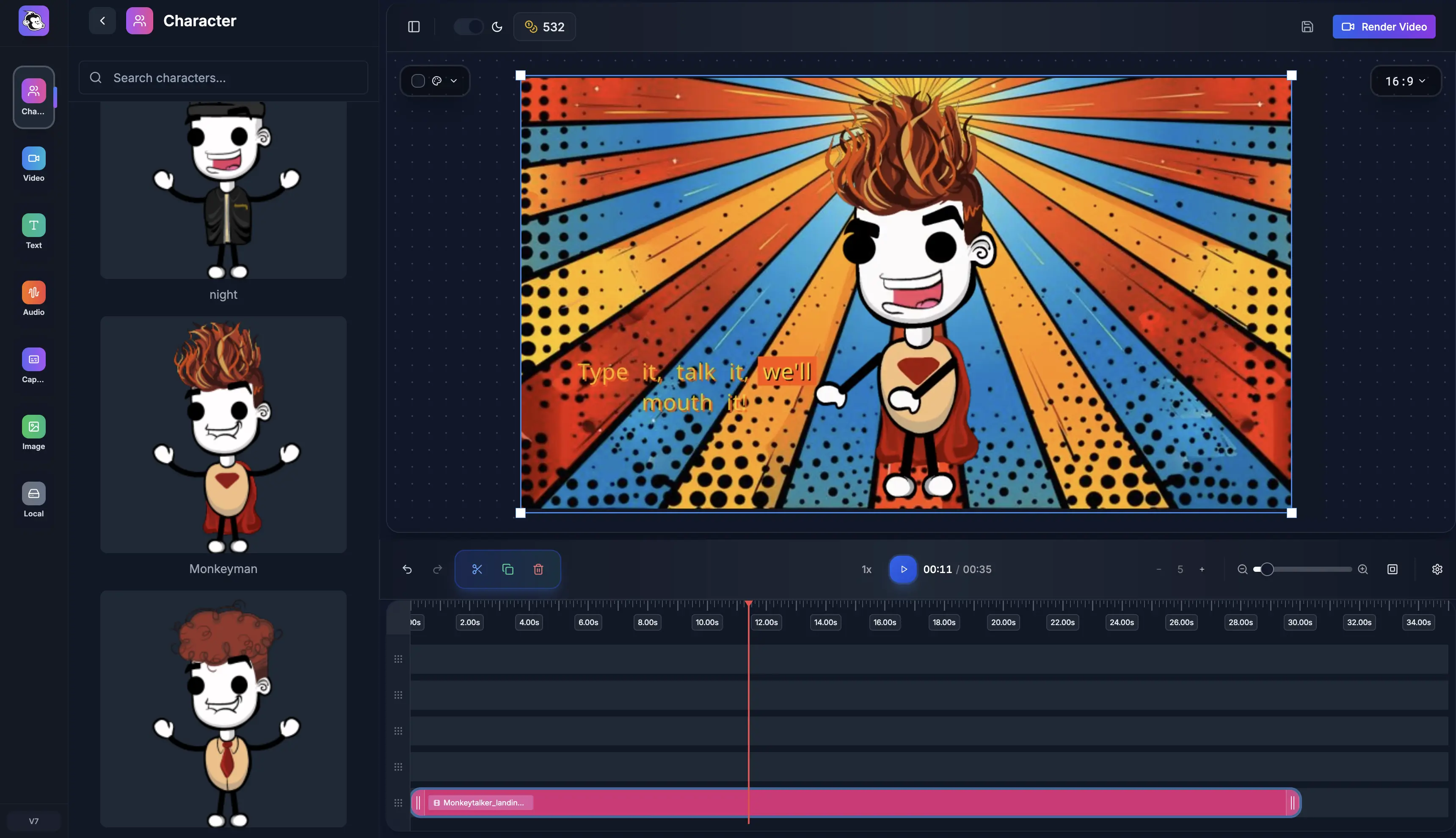MonkeyTalker Video Editor Interface - Timeline, caption editing, cartoon characters, and video preview with automatic lip-sync